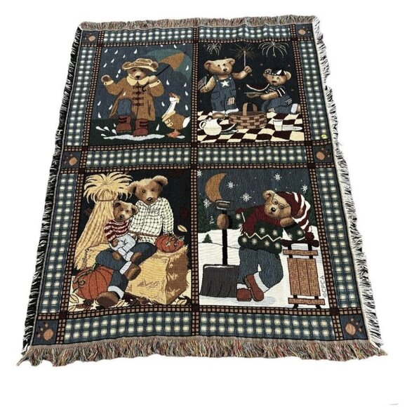 Vintage New Nwot Teddy Bears Tapestry 4 Seasons Throw Blanket Decor 46x60" - Picture 1 of 8